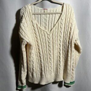 Stella Tweed Cream Cable Knit V Neck Sweater L Green Striped Cuffs Tennis Prep